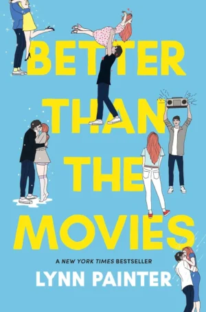 Better Than the Movies book cover showing playful, colorful artwork of two teens with classic rom-com movie elements.