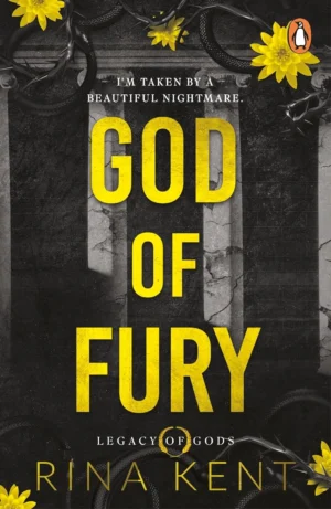 God of Fury book cover by Rina Kent featuring a dark, intense image of a tattooed, brooding man (Nikolai) with a stormy expression, gripping the arm of a serene woman (Sienna) amidst an artistically chaotic backdrop.