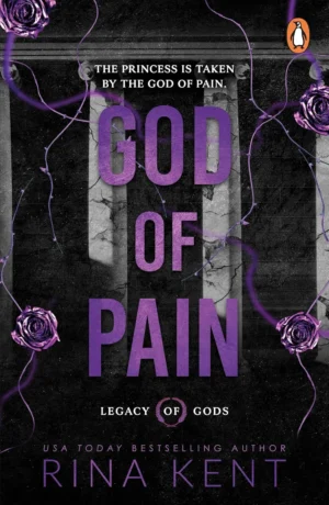 God of Pain book cover by Rina Kent featuring a dark, luxurious image of a suited, dominant man (Adrian) gripping the waist of a bride in a torn wedding dress (Isla), with a backdrop of a gothic church or opulent, somber estate.