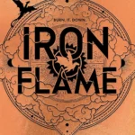 Iron Flame book cover featuring dark, fiery design with a dragon scale pattern, a wielded dagger, and glowing orange embers.