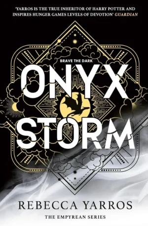Onyx Storm book cover featuring a dramatic scene of a dragon rider soaring through a stormy sky with onyx-colored magic.