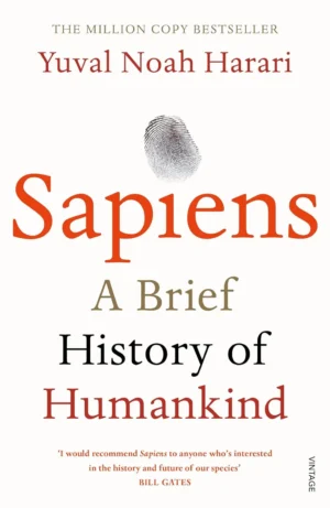 Sapiens A Brief History of Humankind book cover by Yuval Noah Harari featuring a vibrant, abstract human figure with a barcode.