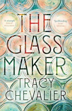 The Glassmaker book cover featuring a stunning, luminous image of molten glass being shaped in a Venetian furnace, with a Renaissance skyline in the background.