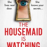 The Housemaid Is Watching book cover by Freida McFadden - a dark, voyeuristic image of a large, windowed estate with a silhouette watching from within.