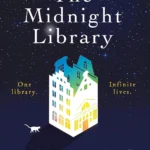 The Midnight Library book cover by Matt Haig featuring a starry night sky, a library door, and a key.