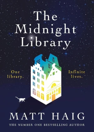 The Midnight Library book cover by Matt Haig featuring a starry night sky, a library door, and a key.