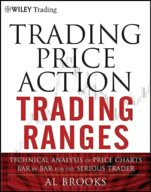 Trading Price Action Ranges book cover by Al Brooks featuring annotated price charts showing horizontal ranges, triangles, and consolidation patterns.